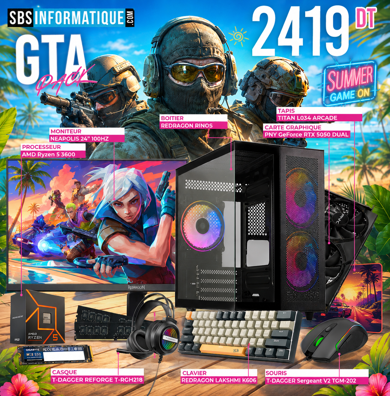 PC GAMER RAPTOR PACK - Ryzen 5 3600 - RTX 5050 8G - 16Go - 512Go