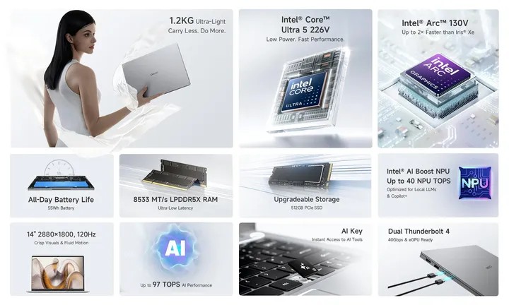 PC Portable Chuwi CoreBook X Intel Core Ultra 5 226V - INTEL ARC 130V - 16 Go - 512 Go - Windows 11 - 2 390,000&nbsp;TND