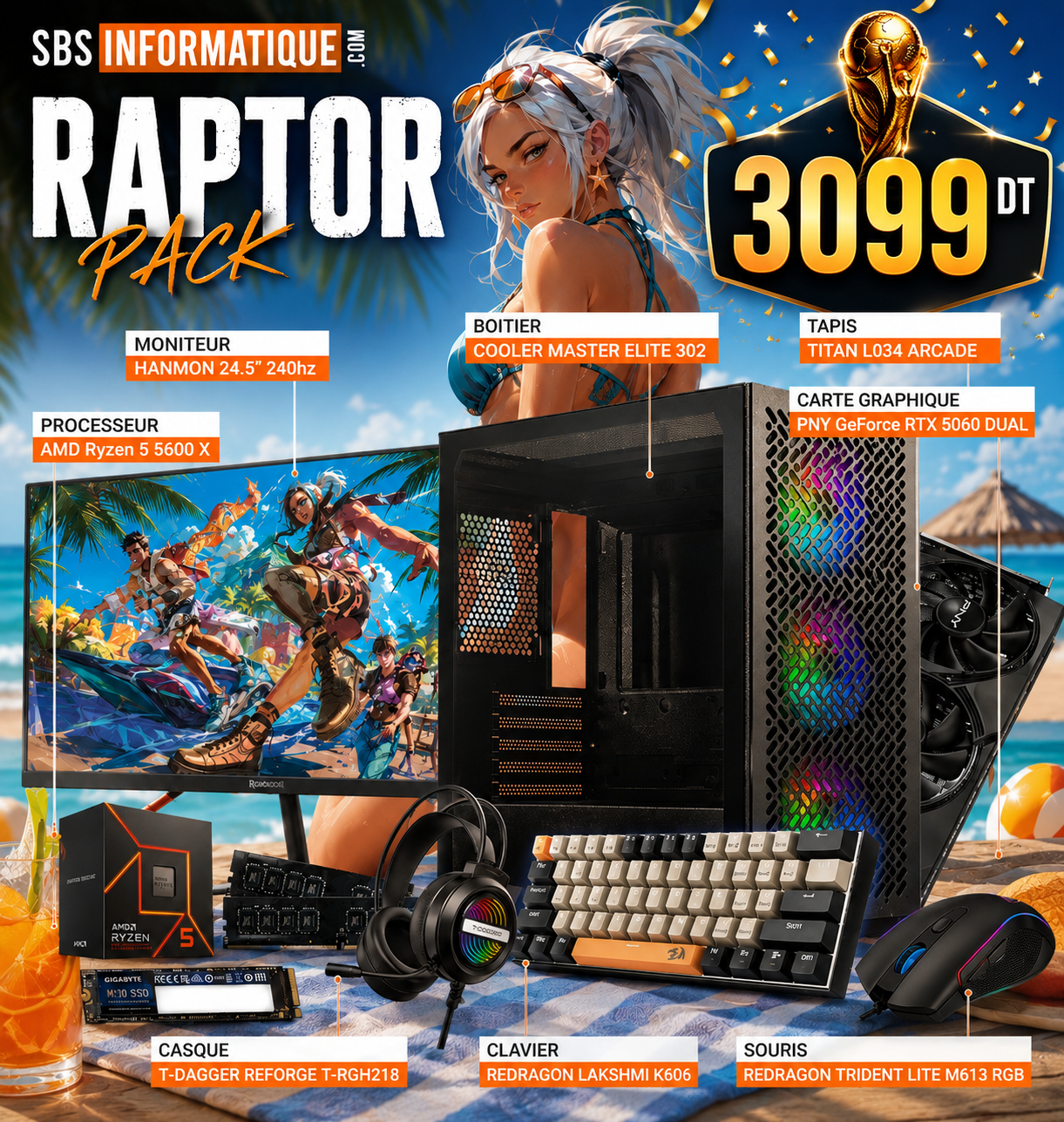 PC GAMER RAPTOR PACK - Ryzen 5 5600X - RTX 5060 8G - 16Go - 512Go