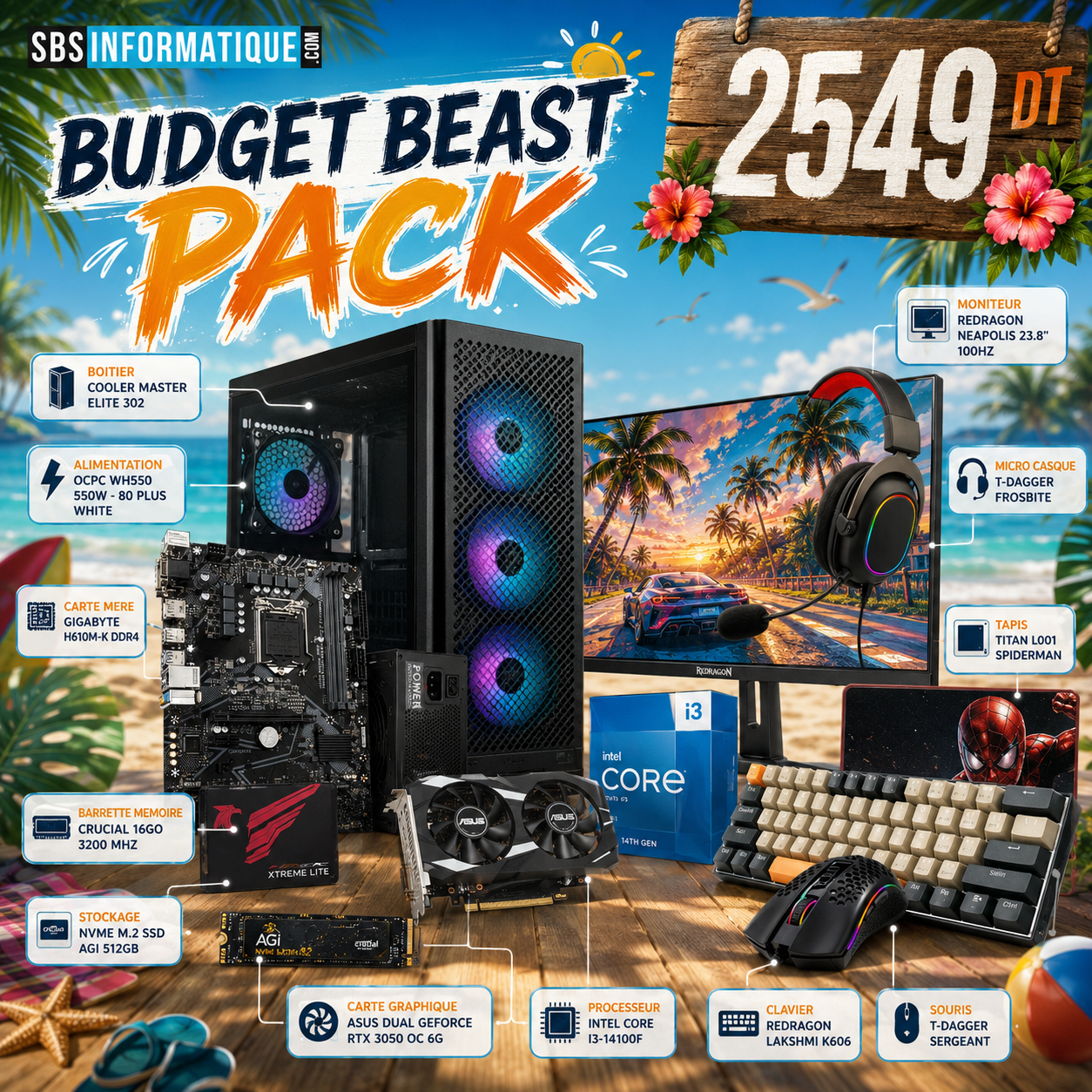 PC GAMER BARVO PACK - INTEL I3 14100F - RTX 3050 6G - 16Go - 512Gb