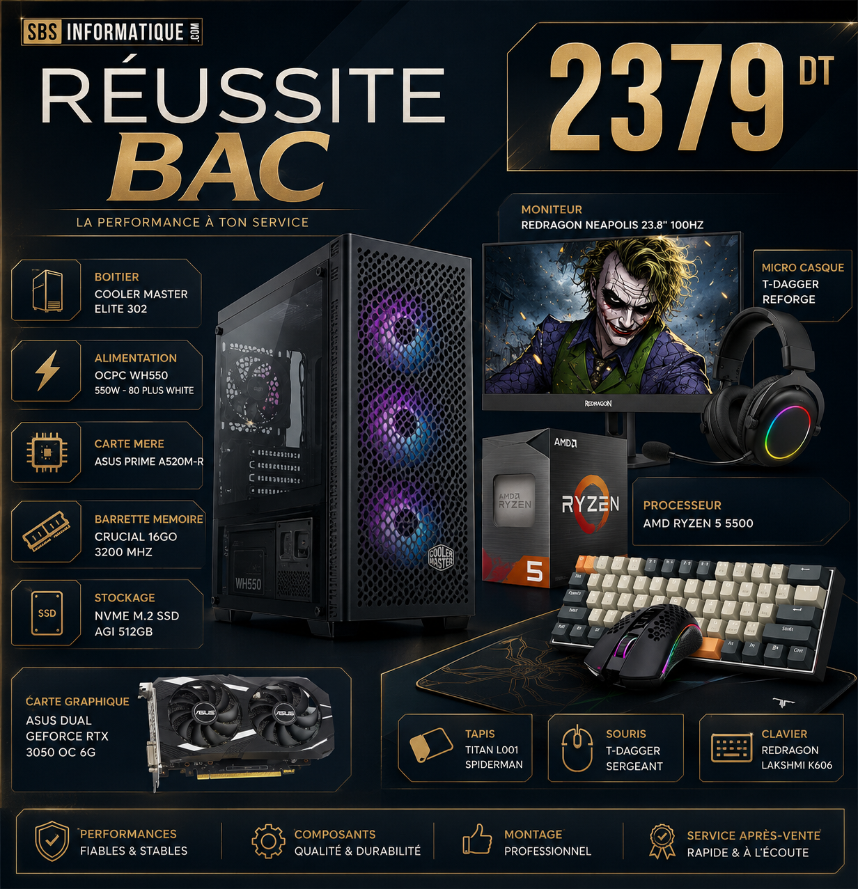 PC Gamer SAMURAI PACK - Ryzen 5 5500 - RTX 3050 6Go - 16Gb - 512 Gb - BLACK