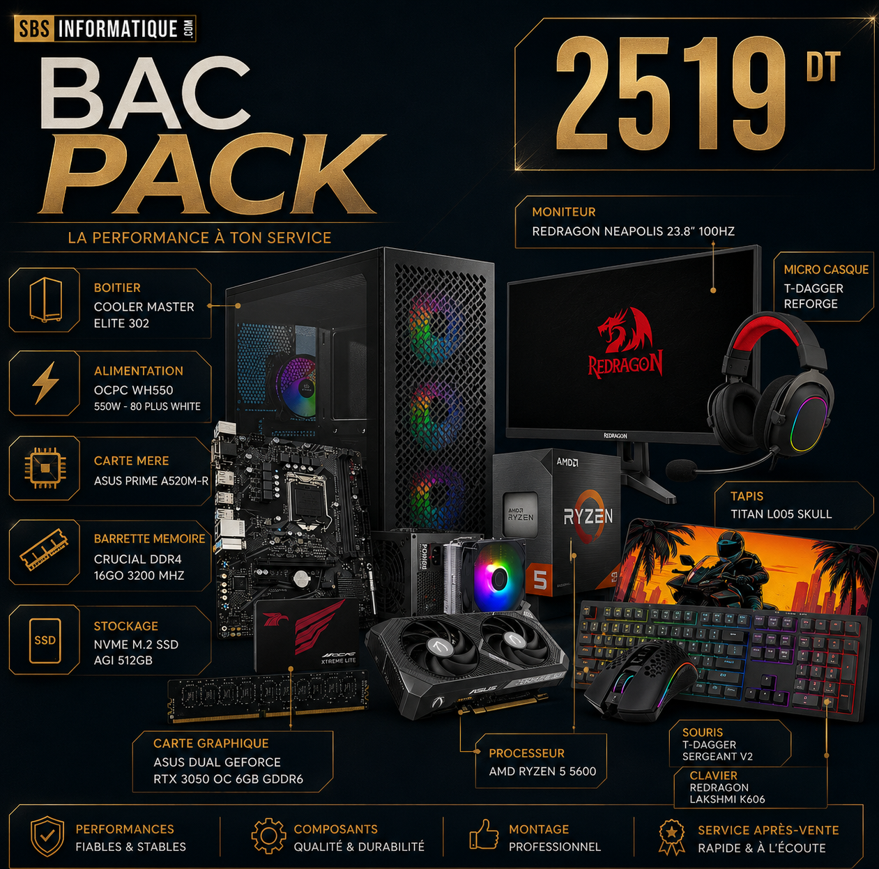 PC Gamer BAC PACK - Ryzen 5 5600 - RTX 3050 6Go - 16Gb - 512 Gb - BLACK