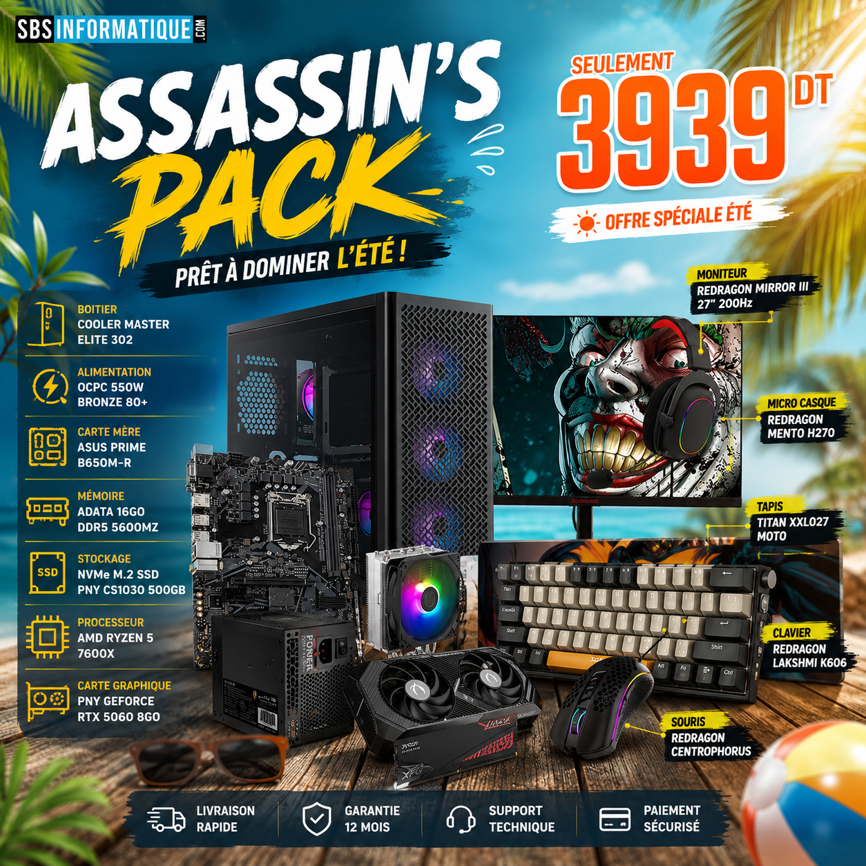 PC GAMER ASSASSIN'S PACK - Ryzen 5 7600X - RTX 5060 8G - 16Go - 512Go