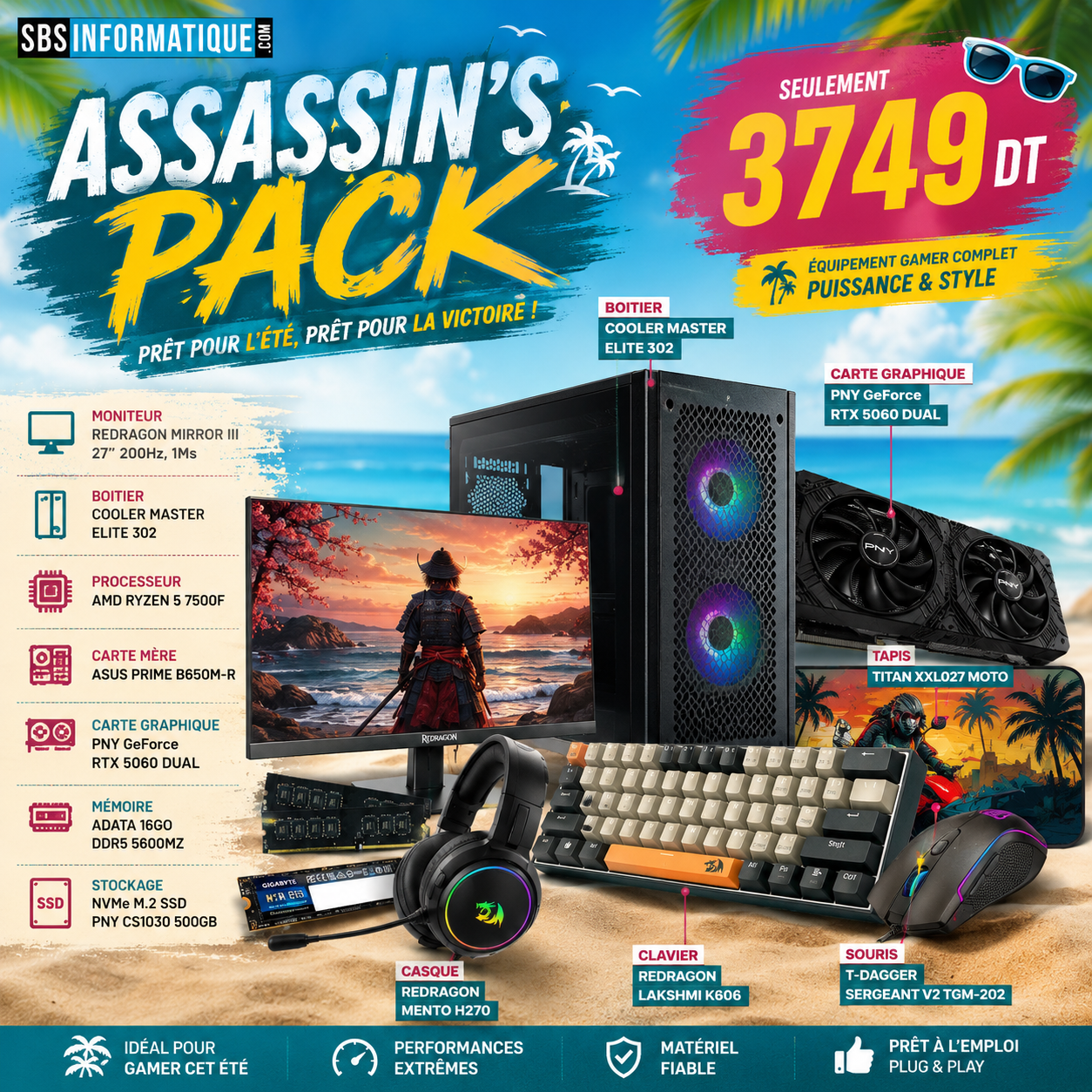 PC GAMER ASSASSIN'S PACK - Ryzen 5 7500F - RTX 5060 8G - 16Go - 512Go