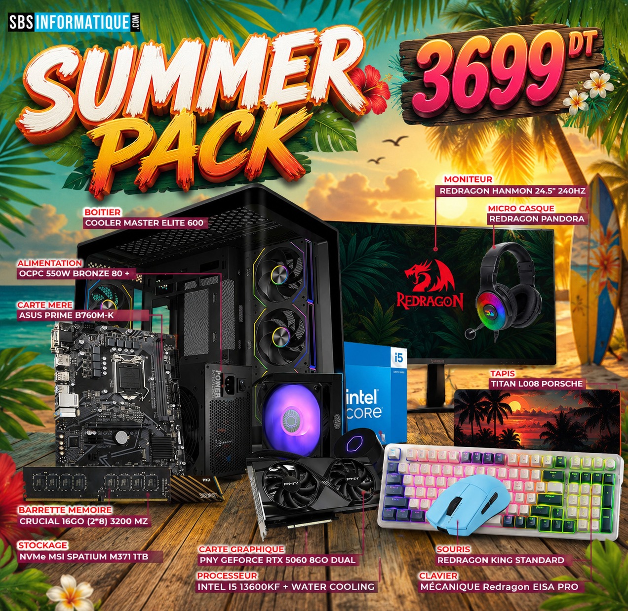 PC GAMER SUMMER PACK - INTEL I5 13600KF - RTX 5060 8G - 16Go - 1TB