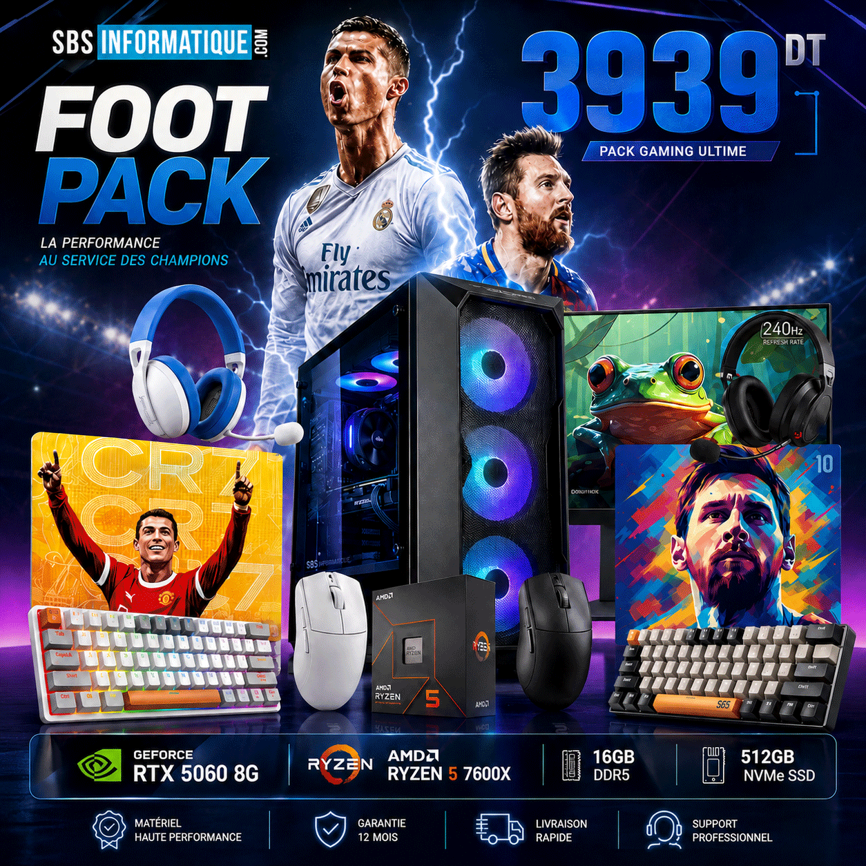 PC Gamer MESSI - Ryzen 5 - 7600X - RTX 5060 8Go - 16Gb - 512 Gb - BLACK