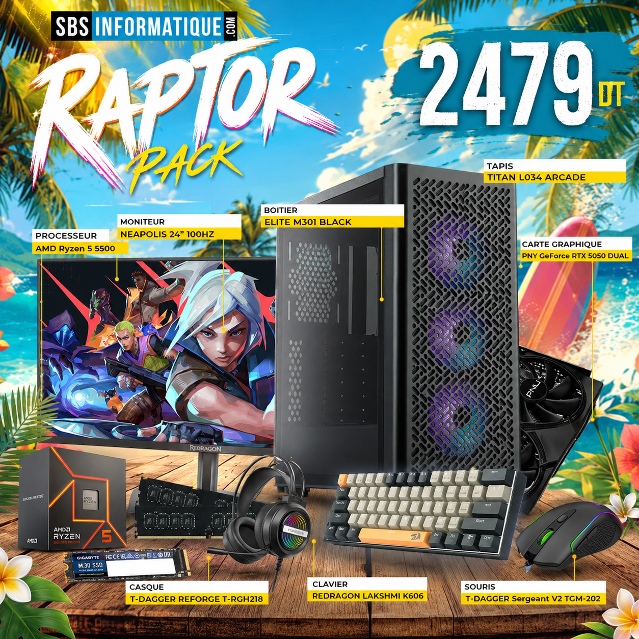 PC GAMER RAPTOR PACK - Ryzen 5 5500 - RTX 5050 8G - 16Go - 512Go