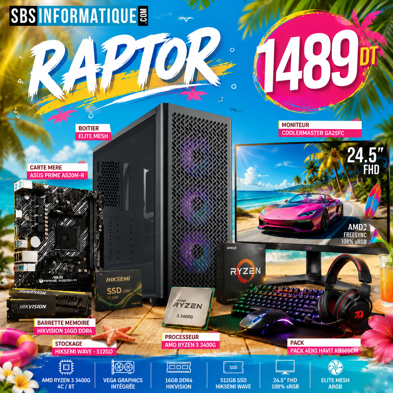 PC Gamer RAPTOR PACK - Ryzen 5 3400G - 16Gb - 512Gb