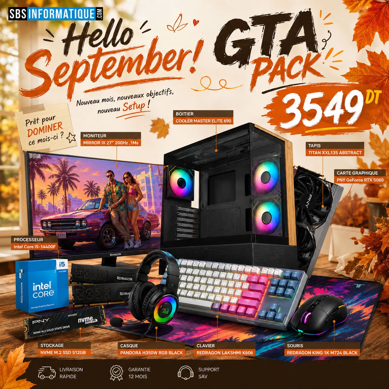 PC Gamer GTA PACK - INTEL I5 - 14400F - RTX 5060 8Go - 16Go - 512Go - BLACK
