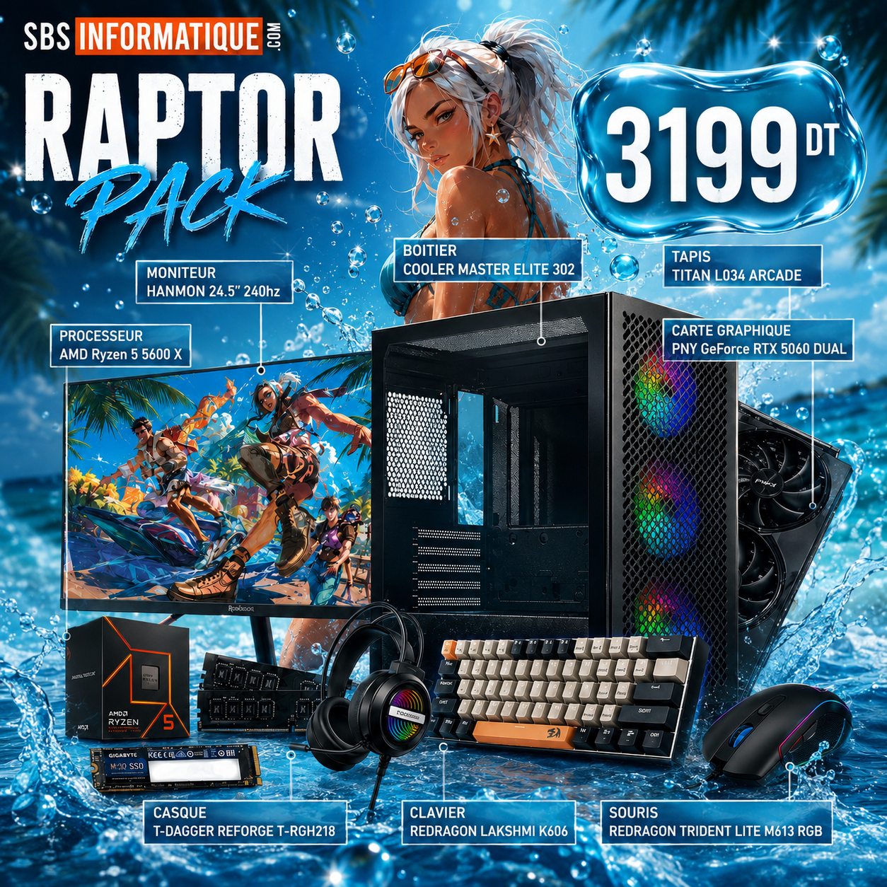 PC GAMER RAPTOR PACK - Ryzen 5 5600X - RTX 5060 8G - 16Go - 512Go