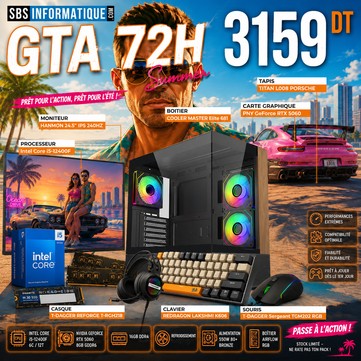 PC GAMER GTA PACK - INTEL I5 12400F - RTX 5060 8G - 16Go - 1TB