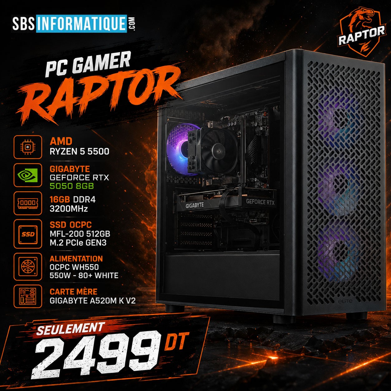 PC GAMER RAPTOR - Ryzen 5 5500 - RTX 5050 8G - 16Go - 512Go