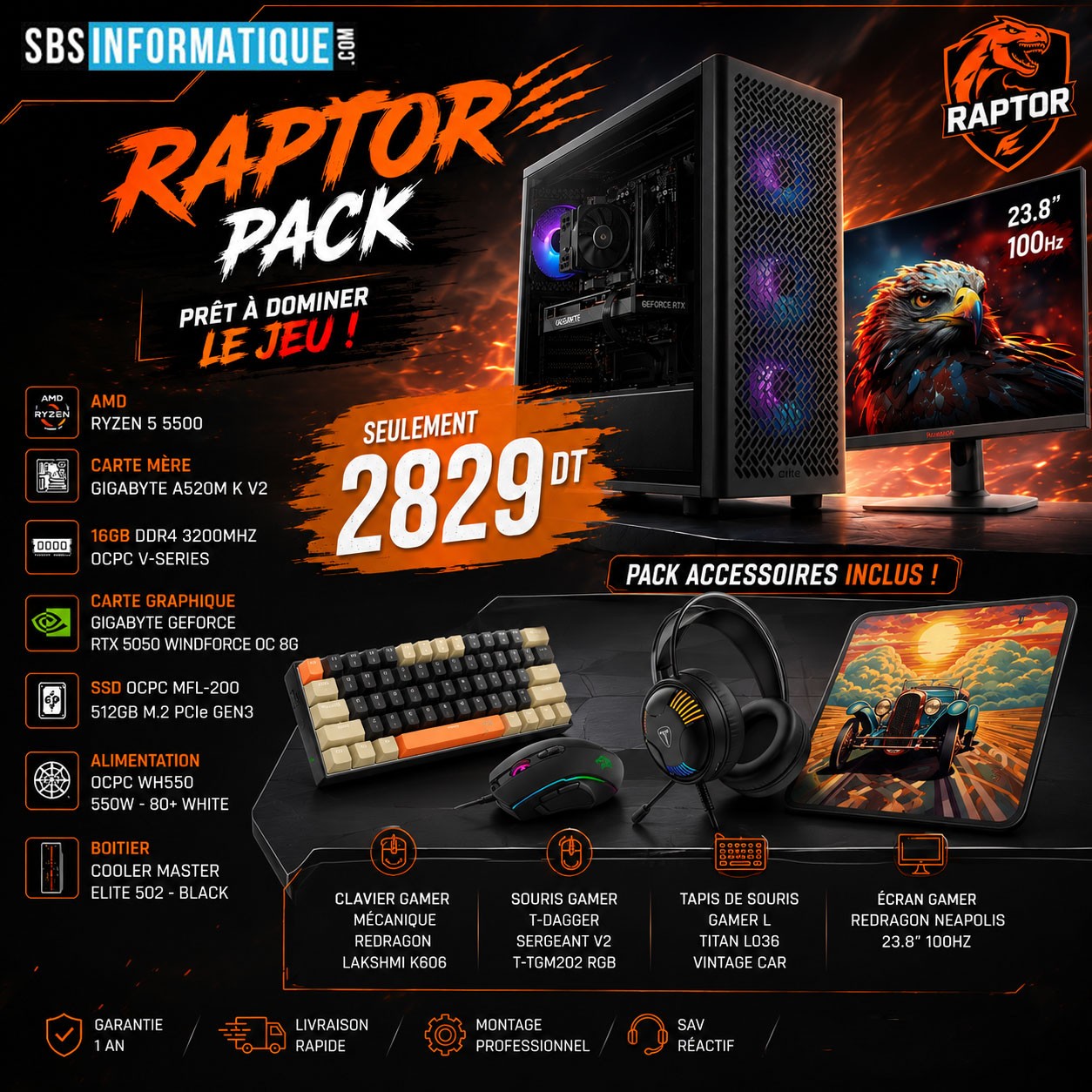 PC GAMER RAPTOR PACK - Ryzen 5 5500 - RTX 5050 8G - 16Go - 512Go